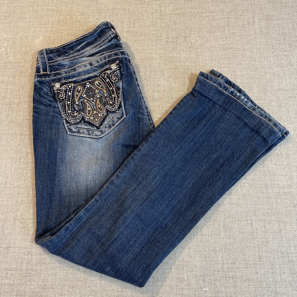 Miss‎ Me Jeans 28 Bootcut DK209 Mid Rise Embellished Flap Pockets Denim